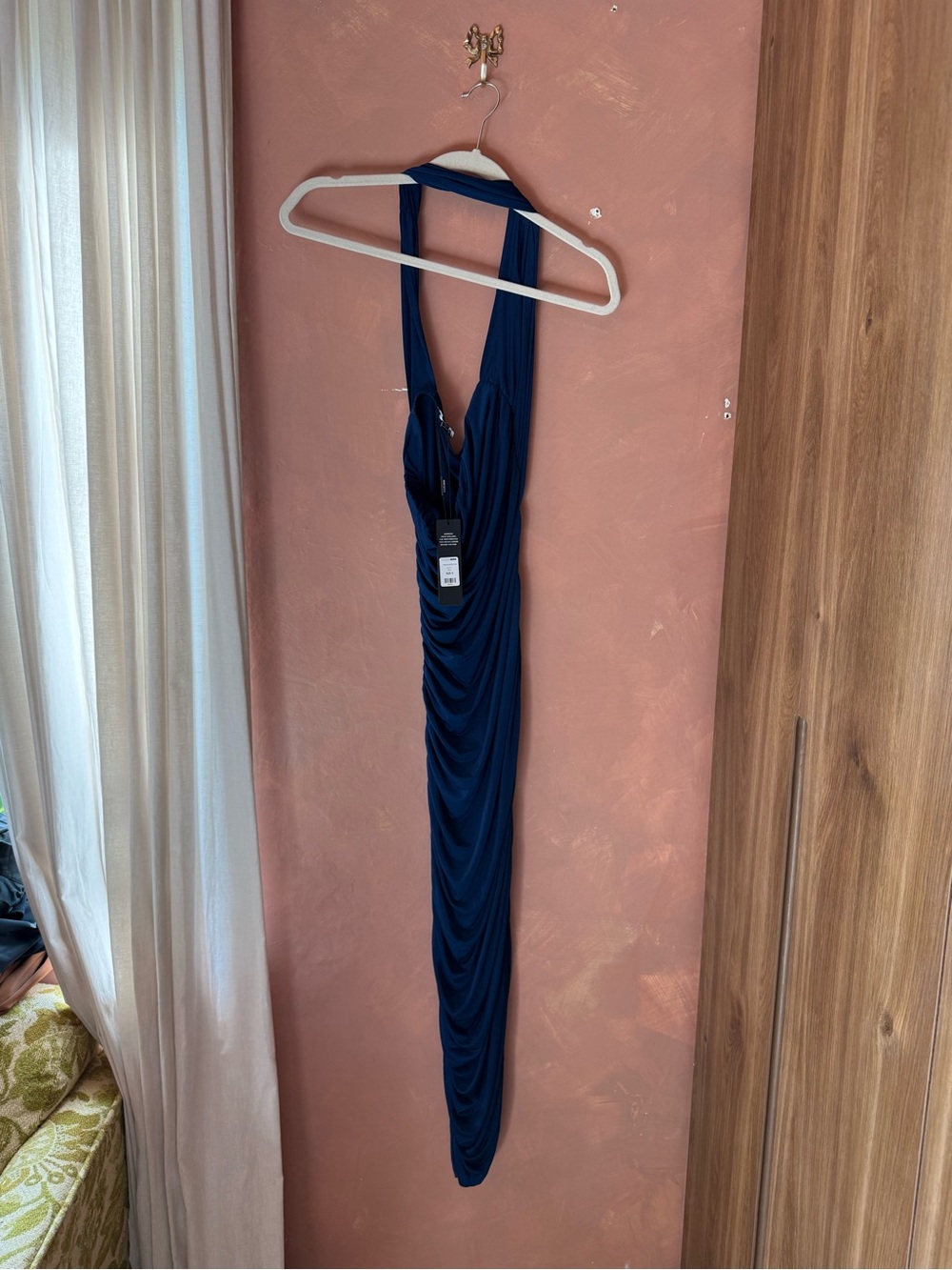 Fashion Nova Navy Blue Halter Ruched Maxi Dress